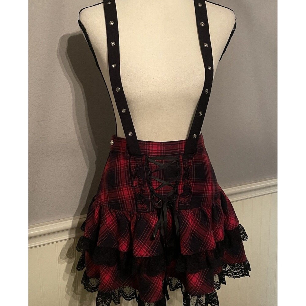 Diamond Honey M red tartan corset mini skirt w/ suspenders Jirai Kei / Mall Goth